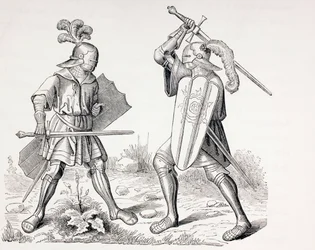 Deux chevaliers en armure complète du XVe siècle combattant avec des épées et des boucliers, de 